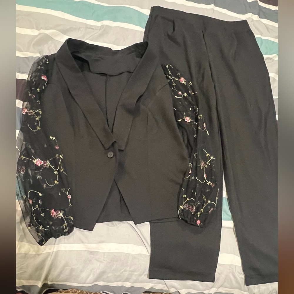 BIG SALE(3 for $50)-Black Blazer with Floral Sheer Sleeves and a pantsuit set.